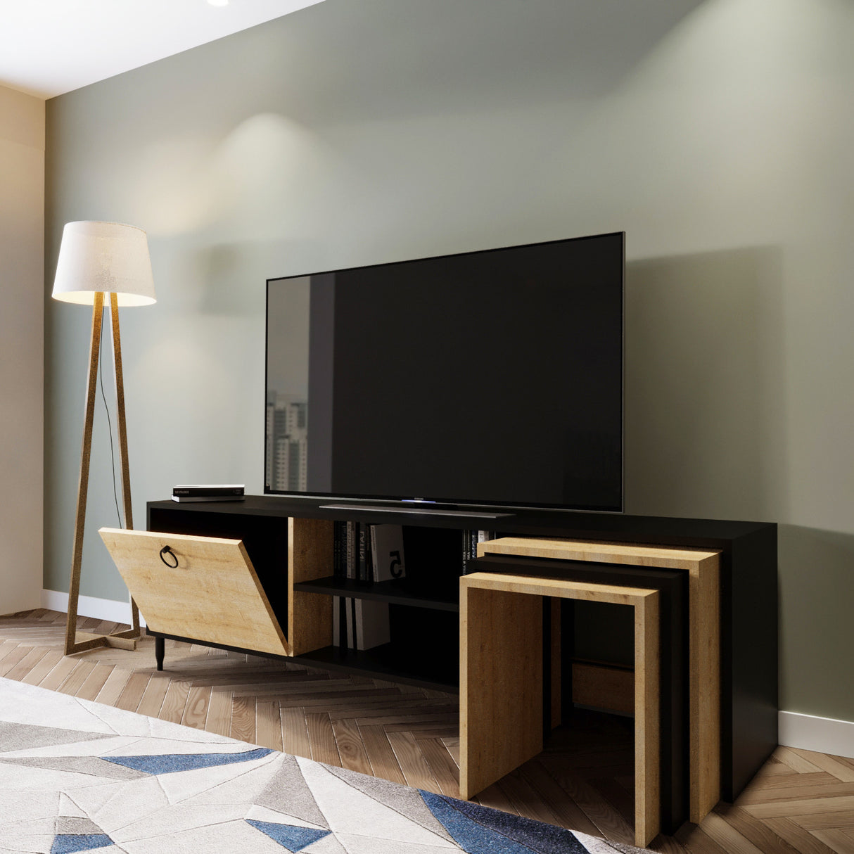 Comodă TV Zigon - L501, Negru - Stejar, 180x40x55 cm