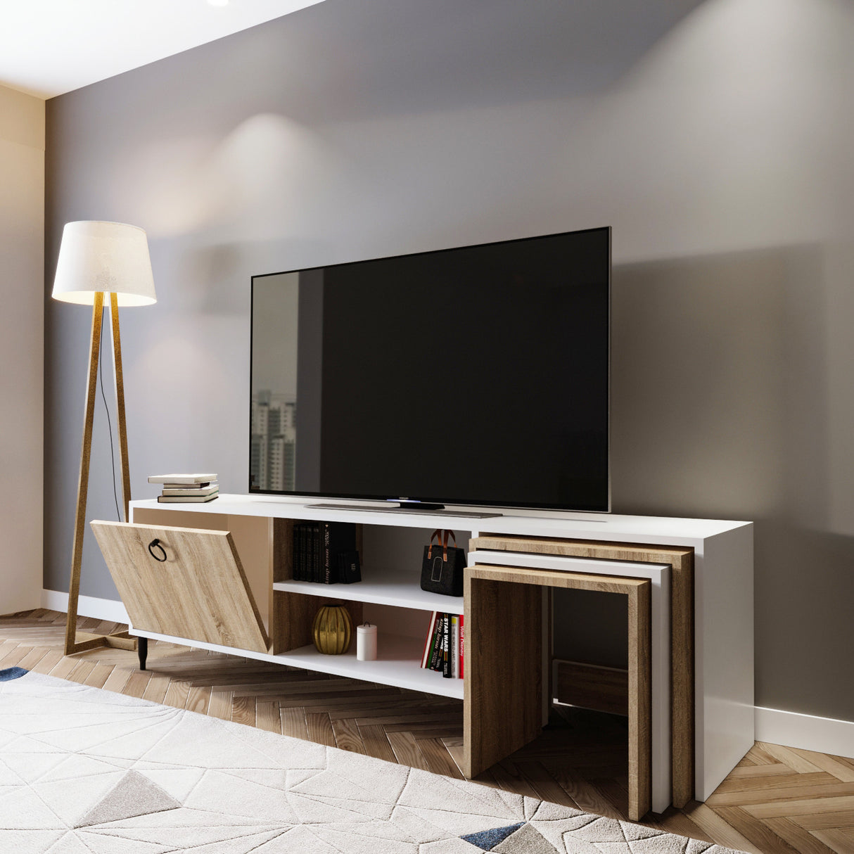 Comodă TV Zigon - L502, Alb, 180x40x55 cm