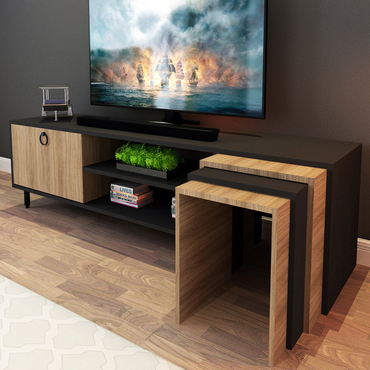 Comodă TV Zigon - L503, Stejar - Negru, 180x40x55 cm