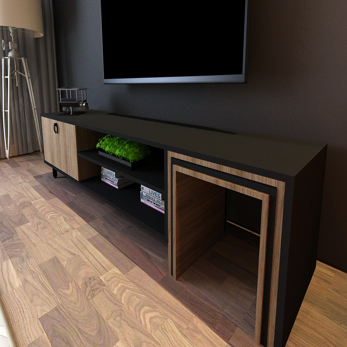Comodă TV Zigon - L503, Stejar - Negru, 180x40x55 cm