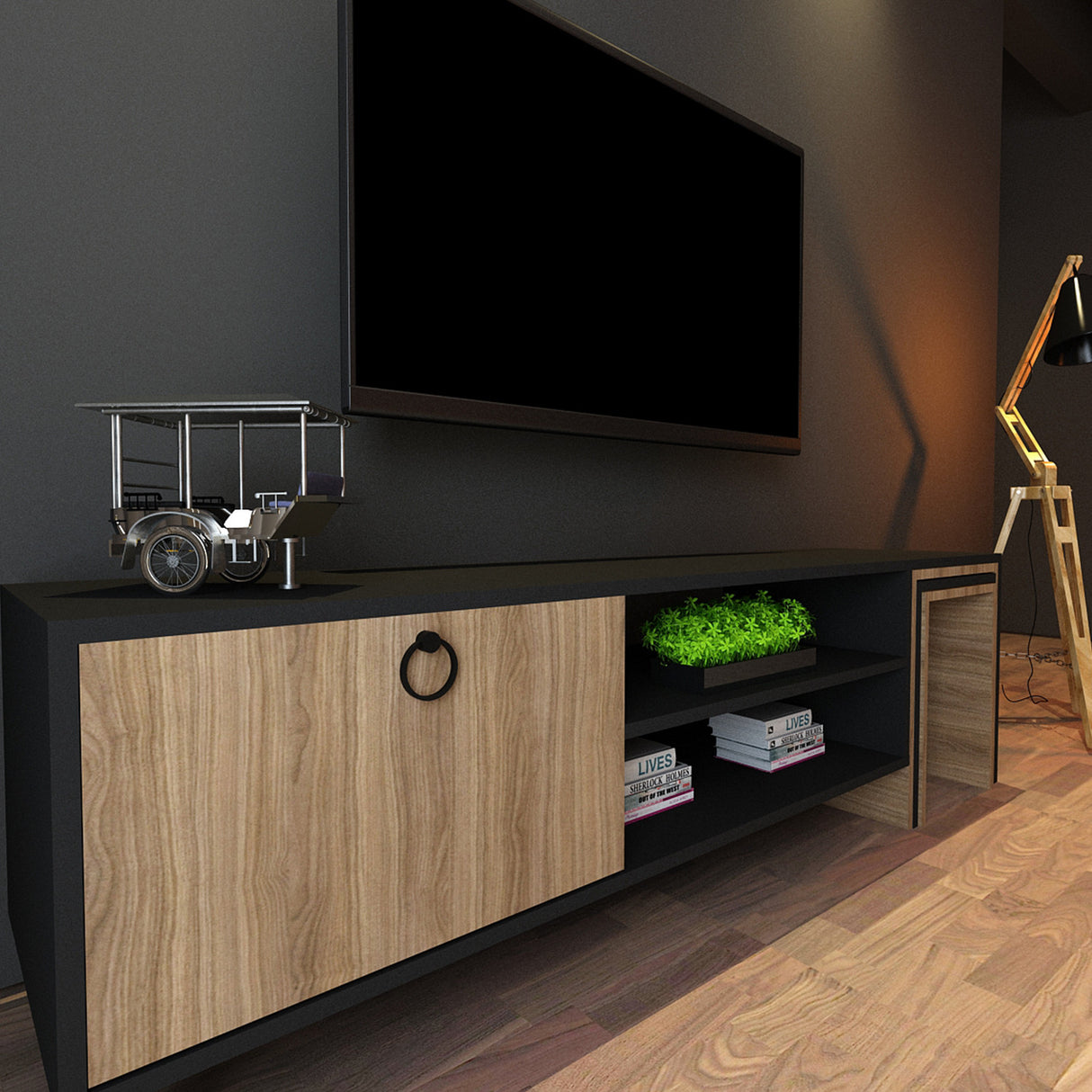 Comodă TV Zigon - L503, Stejar - Negru, 180x40x55 cm