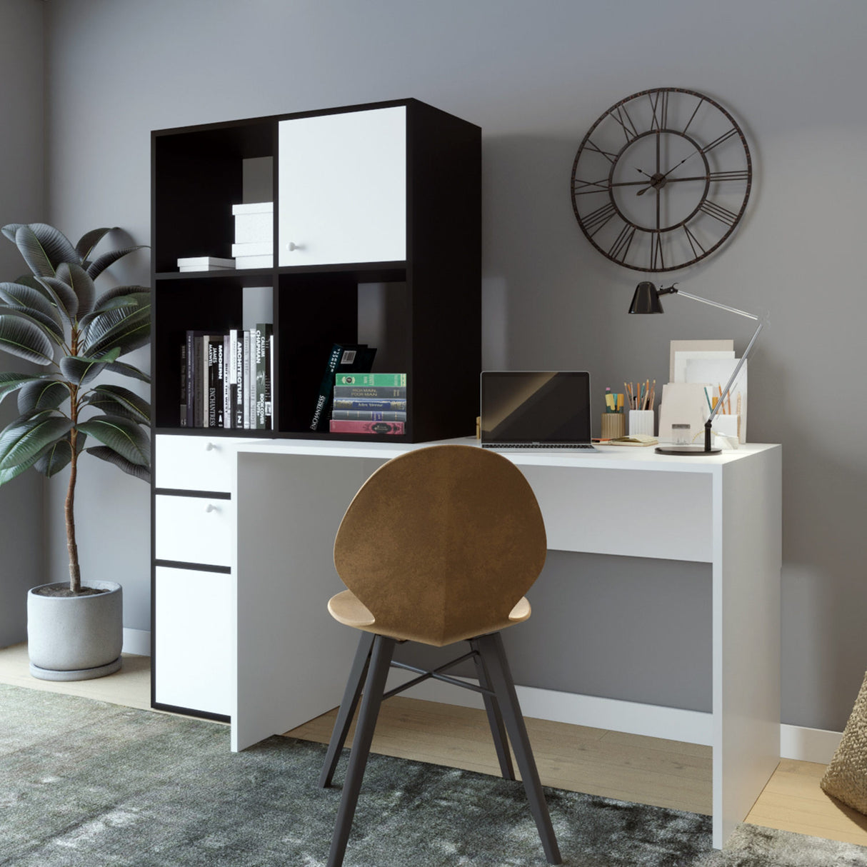 Birou Cannes - L255, Alb - Negru, 164x55x160 cm