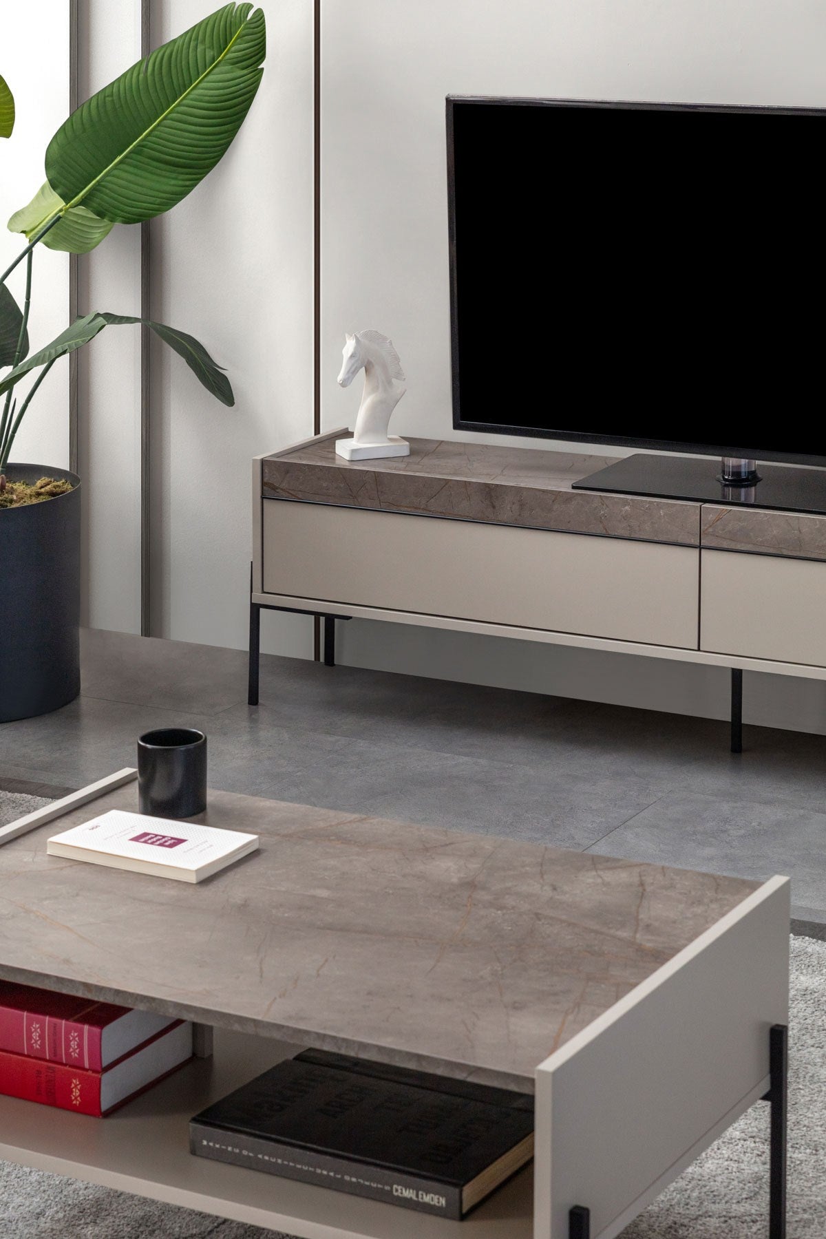Comodă TV Beskar, Sandstone - Negru, 177x33x47 cm