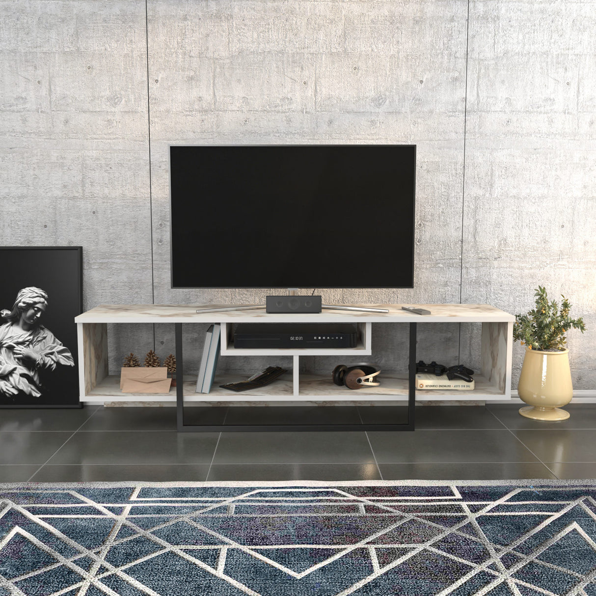 Comodă TV Asal 150 - Black, Ephesus, Negru - Alb, 150x35x40 cm