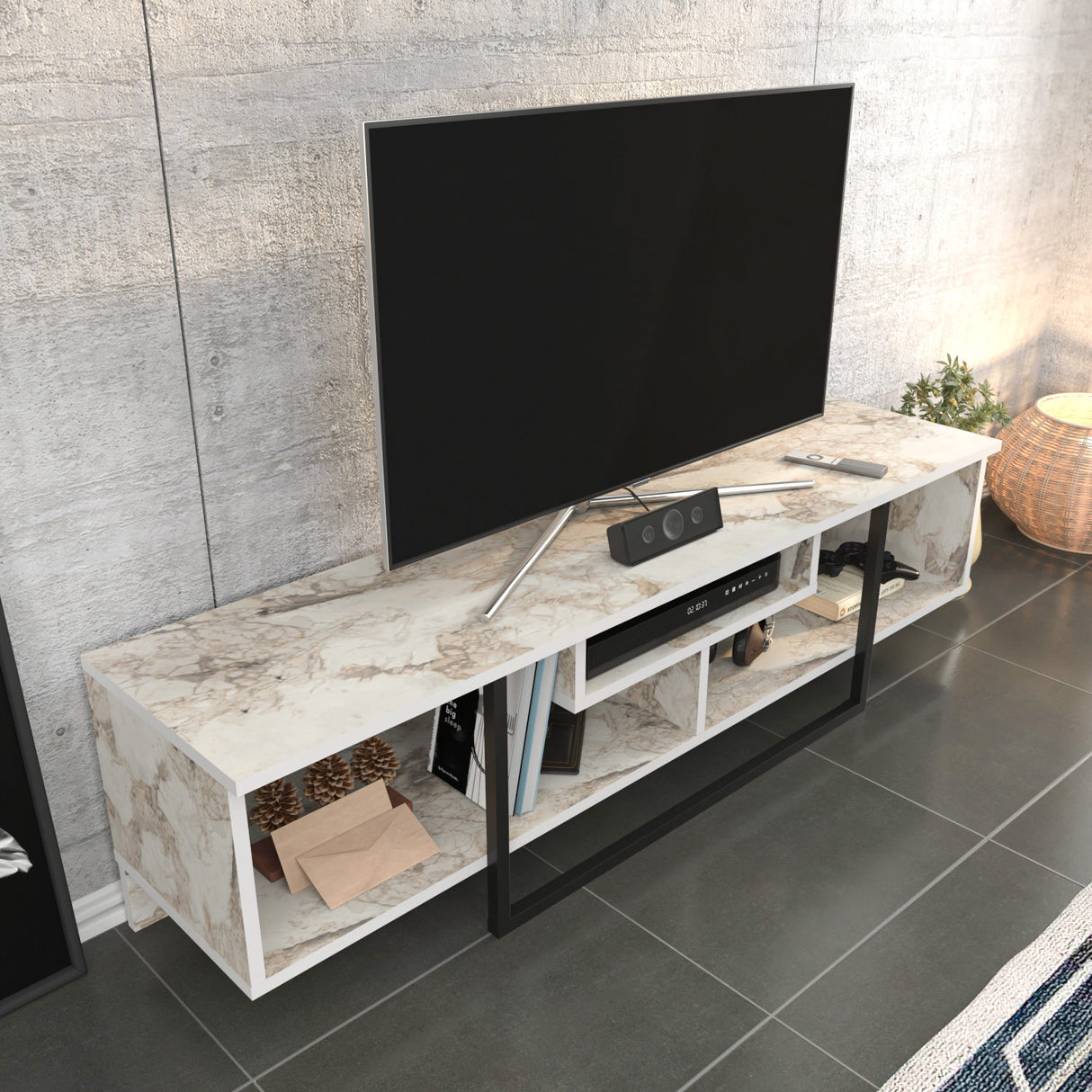 Comodă TV Asal 150 - Black, Ephesus, Negru - Alb, 150x35x40 cm