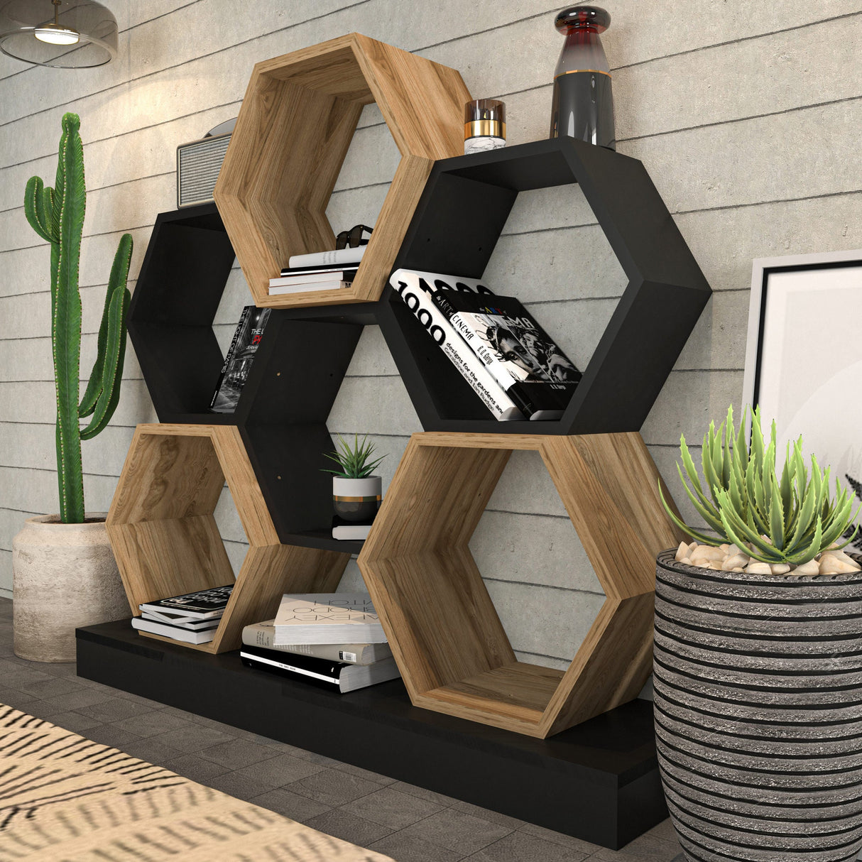 Bibliotecă Cicek, Diverse culori, 120x30x109 cm - Negru - Stejar | SKU: 322RTC1101 | Bibliotecă Cicek, 120x30x109 cm, varianta Negru - Stejar, produs pentru amenajarea locuinței, disponibil online în România la CasaMob