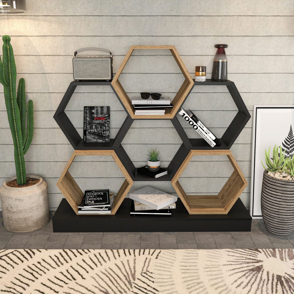 Bibliotecă Cicek, Diverse culori, 120x30x109 cm - Negru - Stejar | SKU: 322RTC1101 | Bibliotecă Cicek, 120x30x109 cm, varianta Negru - Stejar, produs pentru amenajarea locuinței, disponibil online în România la CasaMob