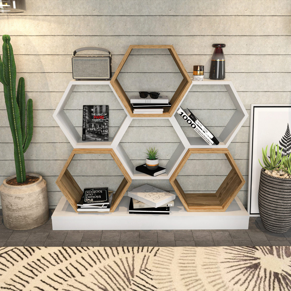 Bibliotecă Cicek, Diverse culori, 120x30x109 cm - Alb - Stejar | SKU: 322RTC1102 | Bibliotecă Cicek, 120x30x109 cm, varianta Alb - Stejar, produs pentru amenajarea locuinței, disponibil online în România la CasaMob