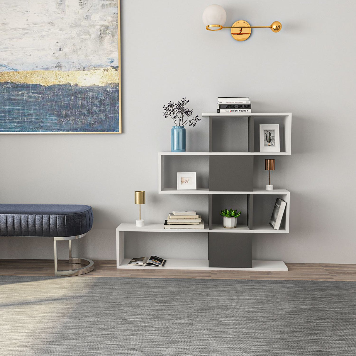 Bibliotecă Karlin, Alb - Antracit, 120x20x109 cm