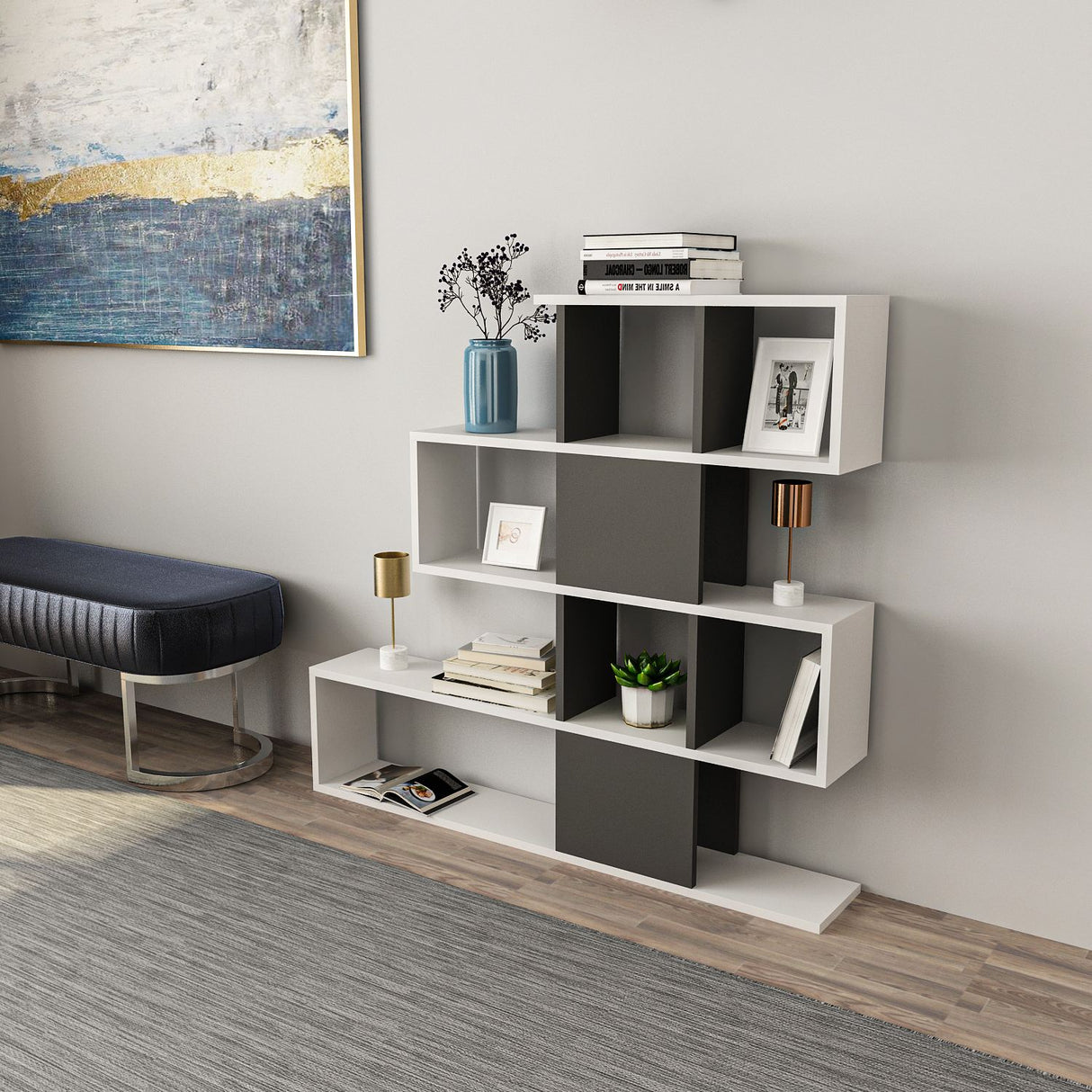 Bibliotecă Karlin, Alb - Antracit, 120x20x109 cm