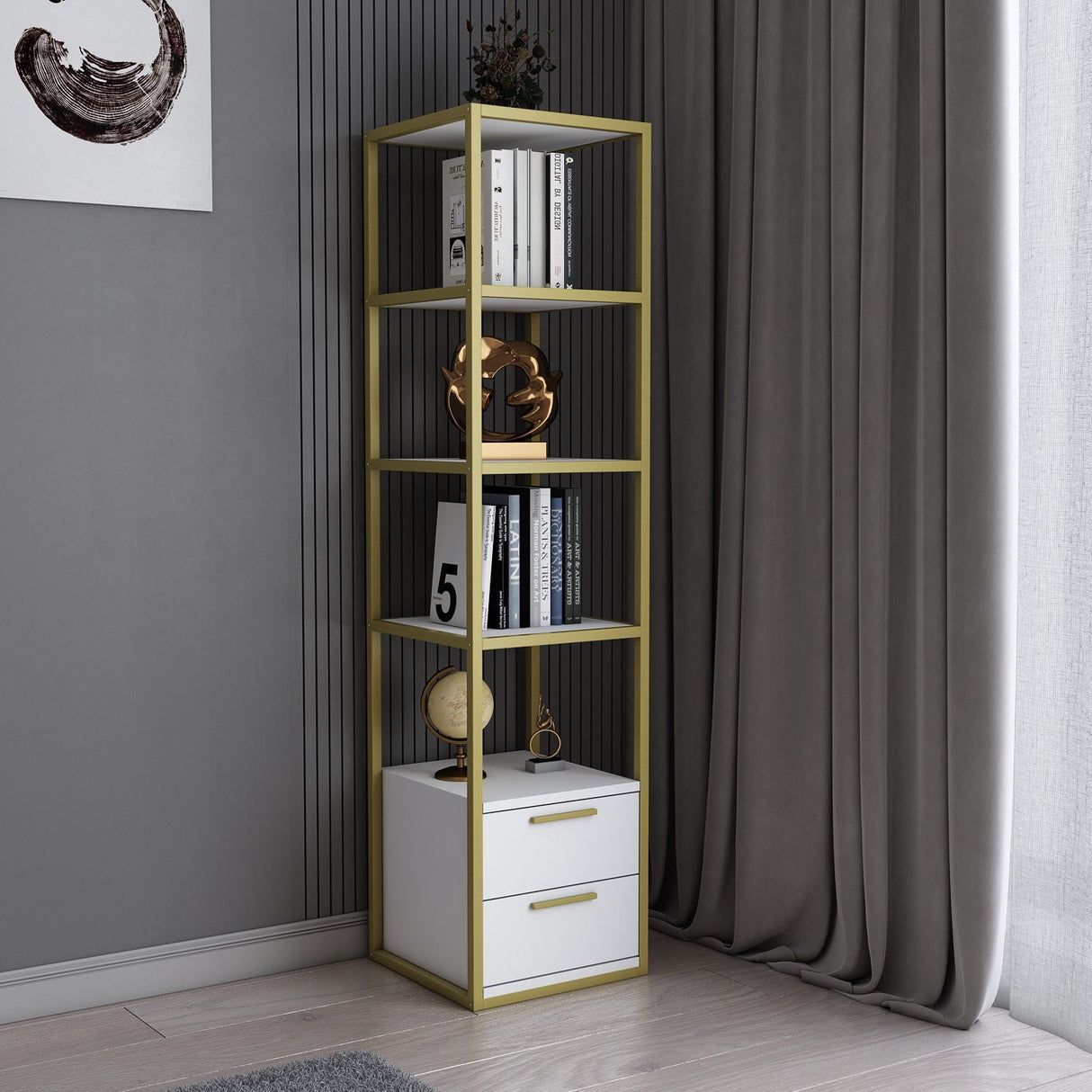 Bibliotecă Robbins, Diverse culori, 39x39x160 cm - Auriu - Alb | SKU: 322RTC1125 | Bibliotecă Robbins, 39x39x160 cm, varianta Auriu - Alb, produs pentru amenajarea locuinței, disponibil online în România la CasaMob