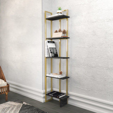 Bibliotecă Alice, Negru - Auriu, 45x22x180 cm