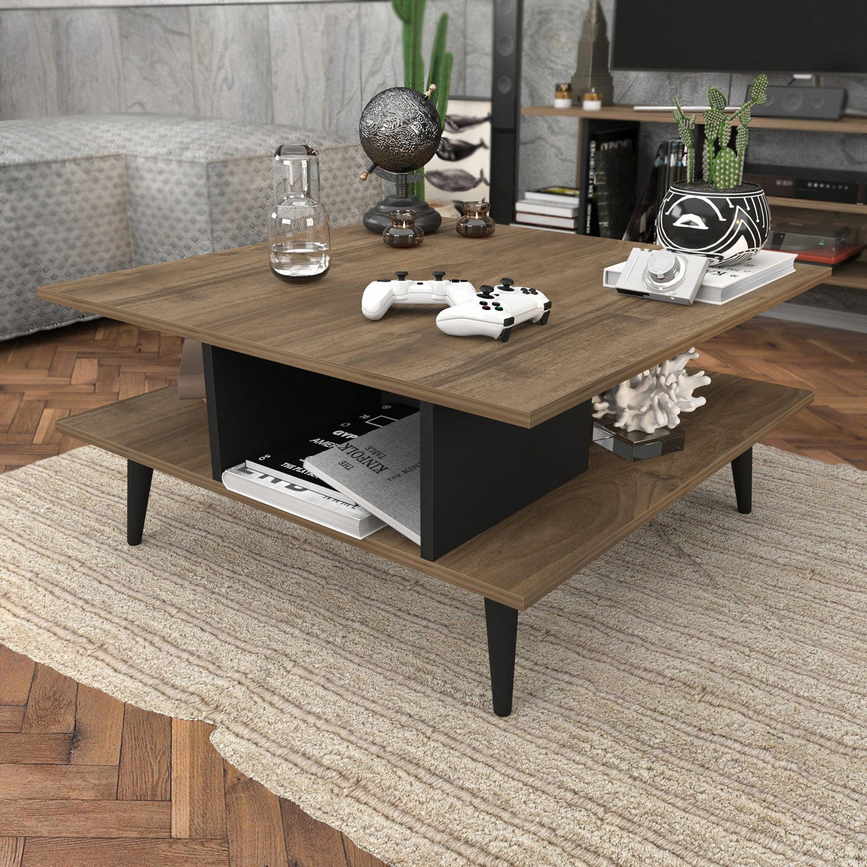 Măsuță de cafea Akya, Diverse culori, 89x89x44 cm - Nuc - Negru | SKU: 322RTC1208 | Măsuță de cafea Akya, 89x89x44 cm, varianta Nuc - Negru, produs pentru amenajarea locuinței, disponibil online în România la CasaMob