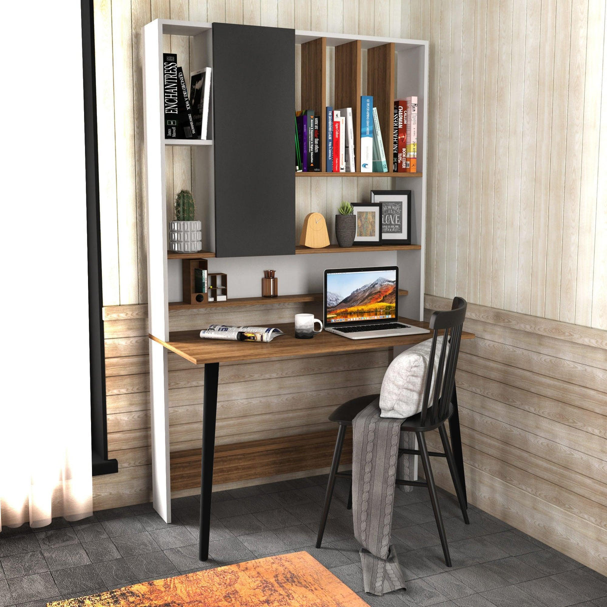 Birou Wood cu biblioteca, 120x60x196.6 cm - Nuc, SKU 322RTC1318