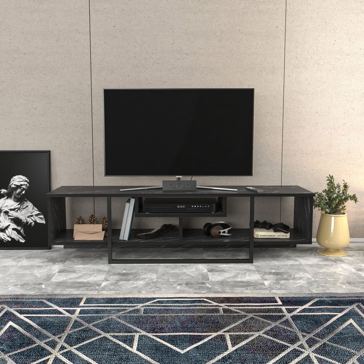 Comodă TV Asal 150, Diverse culori, 150x35x40 cm - Negru | SKU: 322RTC2107 | Comodă TV Asal 150, 150x35x40 cm, varianta Negru, produs pentru amenajarea locuinței, disponibil online în România la CasaMob