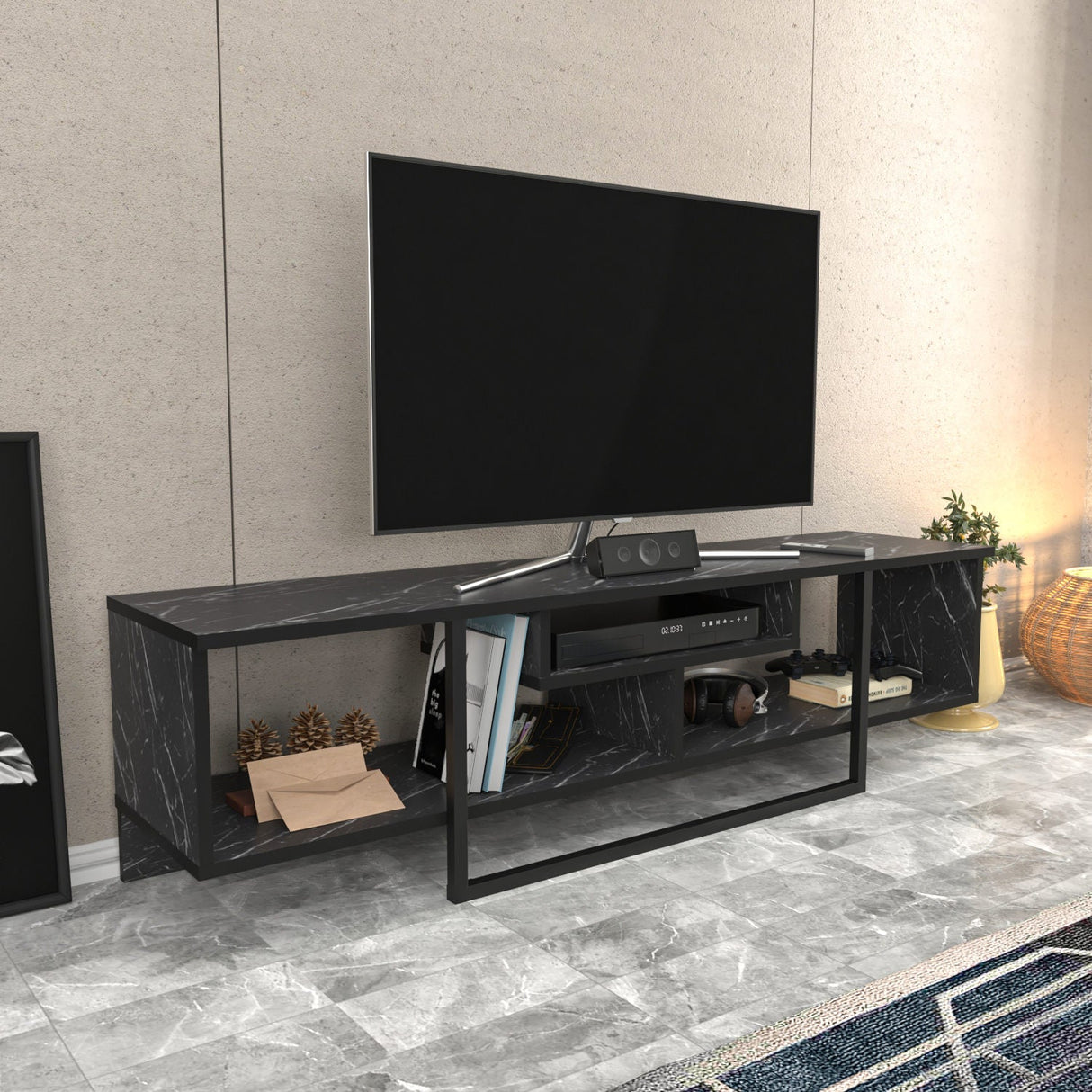 Comodă TV Asal 150, Diverse culori, 150x35x40 cm - Negru | SKU: 322RTC2107 | Comodă TV Asal 150, 150x35x40 cm, varianta Negru, produs pentru amenajarea locuinței, disponibil online în România la CasaMob