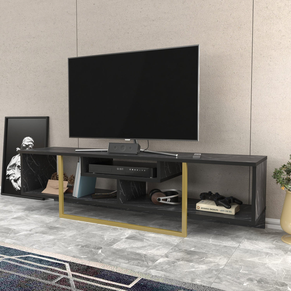 Comodă TV Asal 150, Diverse culori, 150x35x40 cm - Negru - Auriu | SKU: 322RTC2108 | Comodă TV Asal 150, 150x35x40 cm, varianta Negru - Auriu, produs pentru amenajarea locuinței, disponibil online în România la CasaMob