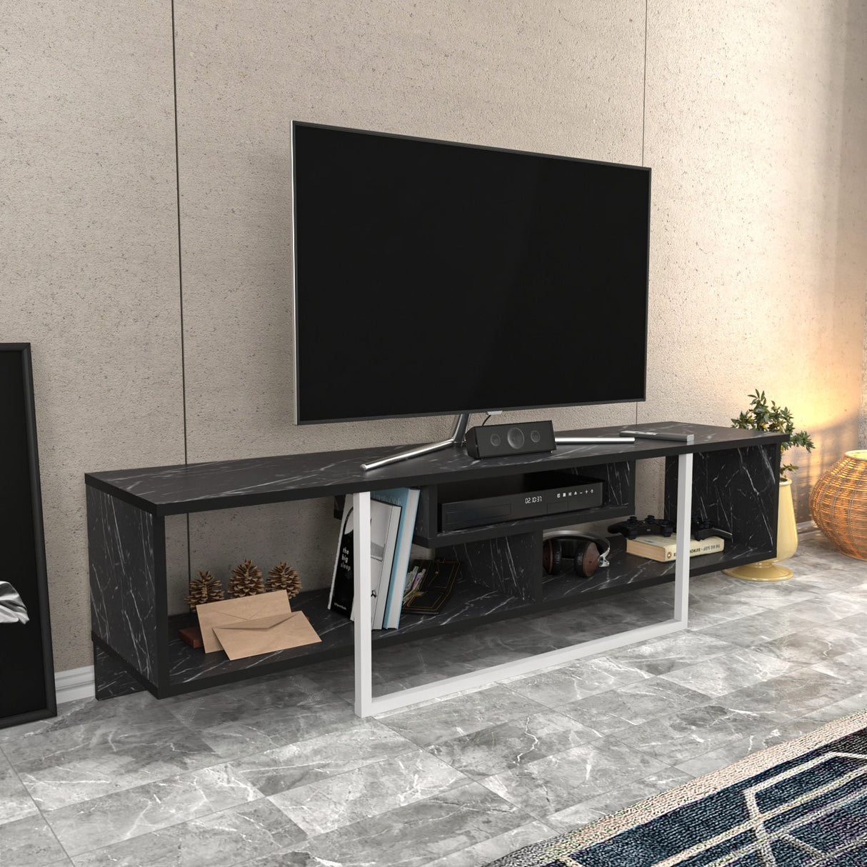 Comodă TV Asal 150, Diverse culori, 150x35x40 cm - Negru - Alb | SKU: 322RTC2109 | Comodă TV Asal 150, 150x35x40 cm, varianta Negru - Alb, produs pentru amenajarea locuinței, disponibil online în România la CasaMob