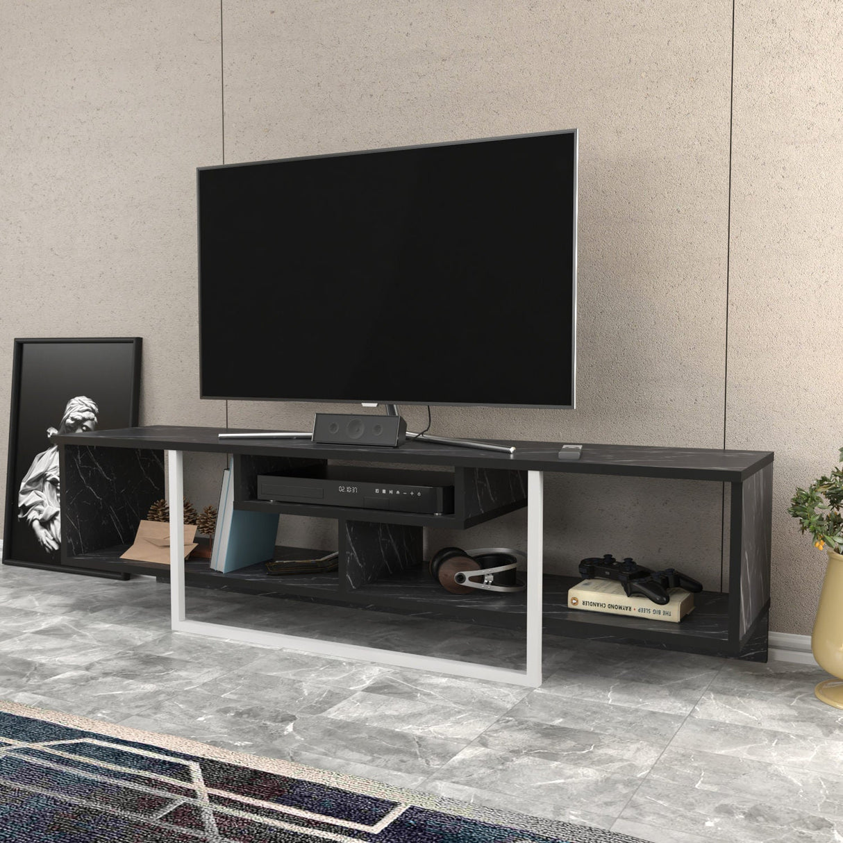 Comodă TV Asal 150, Diverse culori, 150x35x40 cm - Negru - Alb | SKU: 322RTC2109 | Comodă TV Asal 150, 150x35x40 cm, varianta Negru - Alb, produs pentru amenajarea locuinței, disponibil online în România la CasaMob