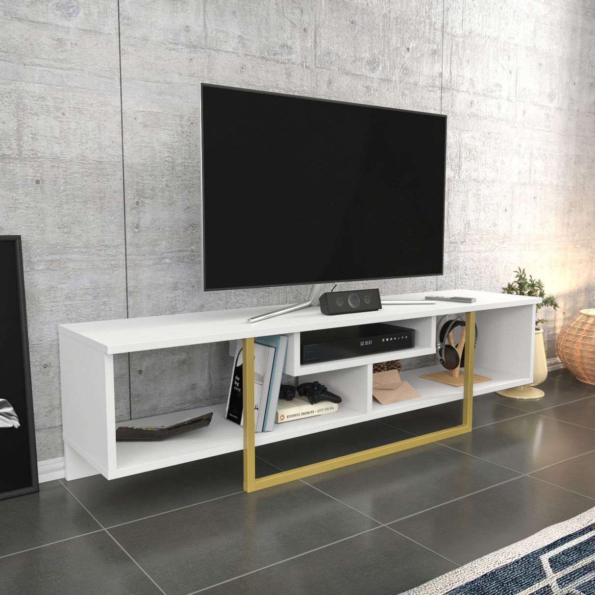 Comodă TV Asal 150, Diverse culori, 150x35x40 cm - Alb - Auriu | SKU: 322RTC2115 | Comodă TV Asal 150, 150x35x40 cm, varianta Alb - Auriu, produs pentru amenajarea locuinței, disponibil online în România la CasaMob