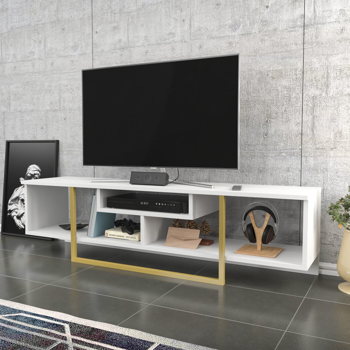 Comodă TV Asal 150, Diverse culori, 150x35x40 cm - Alb - Auriu | SKU: 322RTC2115 | Comodă TV Asal 150, 150x35x40 cm, varianta Alb - Auriu, produs pentru amenajarea locuinței, disponibil online în România la CasaMob