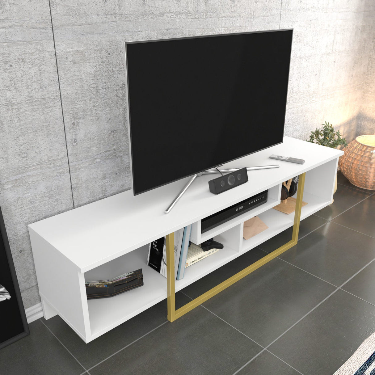 Comodă TV Asal 150, Diverse culori, 150x35x40 cm - Alb - Auriu | SKU: 322RTC2115 | Comodă TV Asal 150, 150x35x40 cm, varianta Alb - Auriu, produs pentru amenajarea locuinței, disponibil online în România la CasaMob