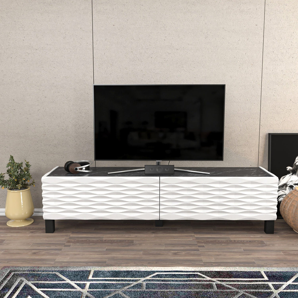 Alb - Negru | SKU: 322RTC2144 | Comodă TV Lerze, 149x35x38 cm, varianta Alb - Negru, produs pentru amenajarea locuinței, disponibil online în România la CasaMob