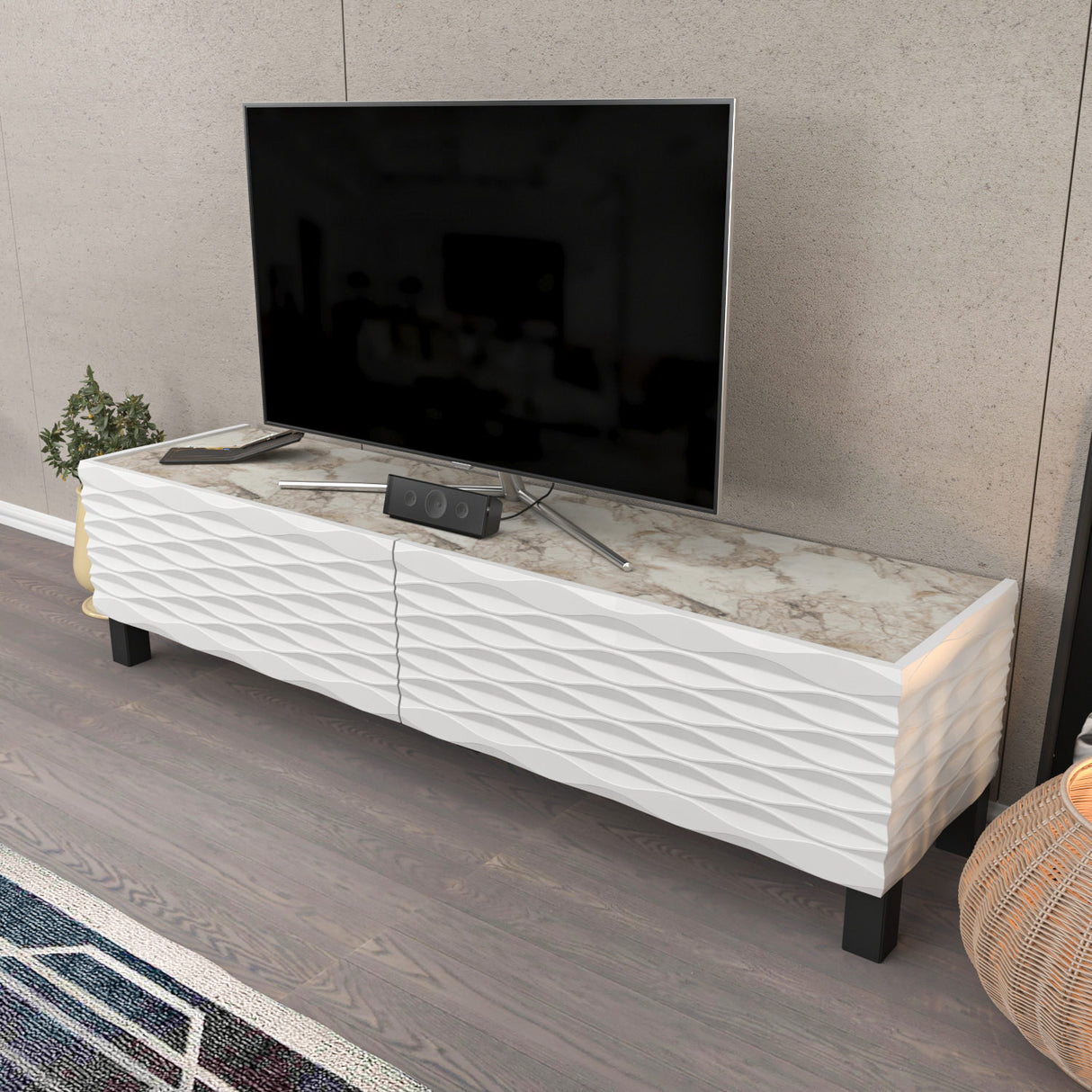 Comodă TV Lerze - White, Ephesus, Alb, 149x35x38 cm