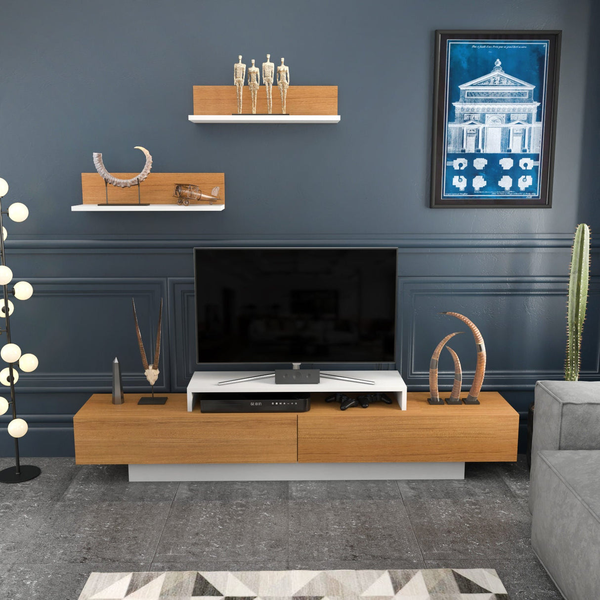 Comodă TV Lusi, Diverse culori, 180x31x40 cm - Alb - Teak | SKU: 322RTC2155 | Comodă TV Lusi, 180x31x40 cm, varianta Alb - Teak, produs pentru amenajarea locuinței, disponibil online în România la CasaMob