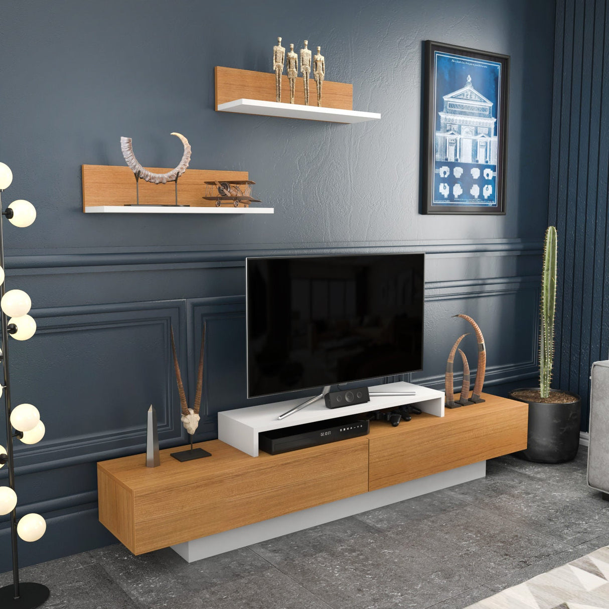 Comodă TV Lusi, Diverse culori, 180x31x40 cm - Alb - Teak | SKU: 322RTC2155 | Comodă TV Lusi, 180x31x40 cm, varianta Alb - Teak, produs pentru amenajarea locuinței, disponibil online în România la CasaMob