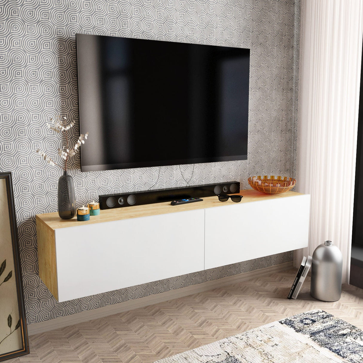 Comodă TV Poling, Diverse culori, 160x37x34 cm - Alb - Sapphire | SKU: 322RTC2172 | Comodă TV Poling, 160x37x34 cm, varianta Alb - Sapphire, produs pentru amenajarea locuinței, disponibil online în România la CasaMob