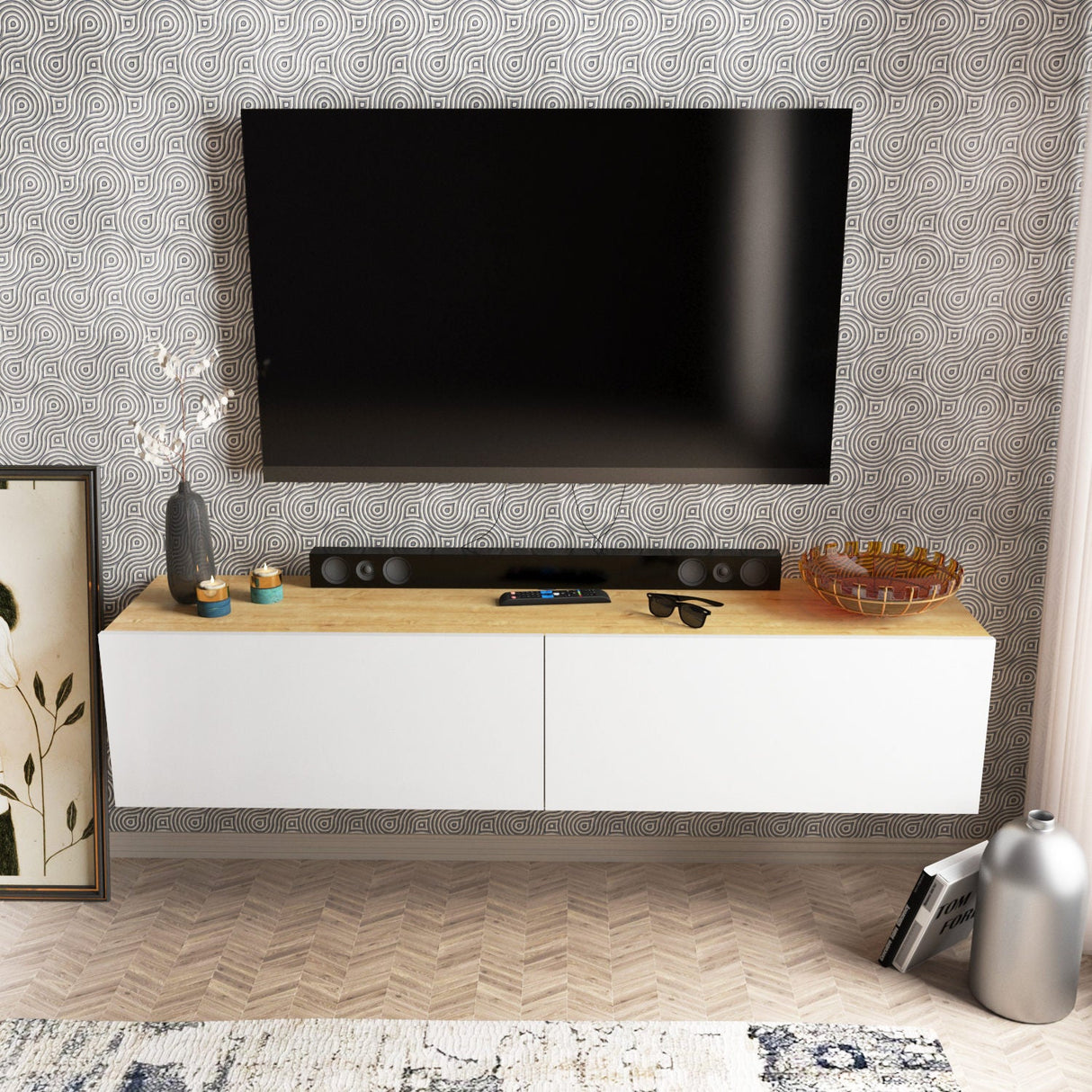 Comodă TV Poling, Diverse culori, 160x37x34 cm - Alb - Nuc | SKU: 322RTC2173 | Comodă TV Poling, 160x37x34 cm, varianta Alb - Nuc, produs pentru amenajarea locuinței, disponibil online în România la CasaMob