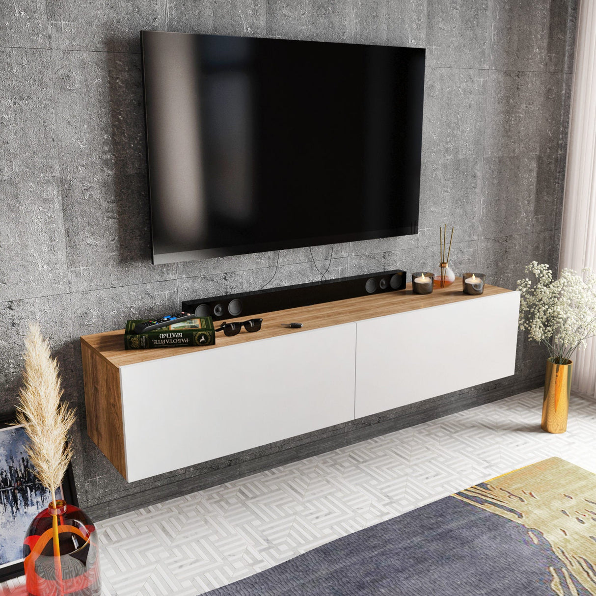 Comodă TV Poling, Diverse culori, 160x37x34 cm - Alb - Nuc | SKU: 322RTC2173 | Comodă TV Poling, 160x37x34 cm, varianta Alb - Nuc, produs pentru amenajarea locuinței, disponibil online în România la CasaMob