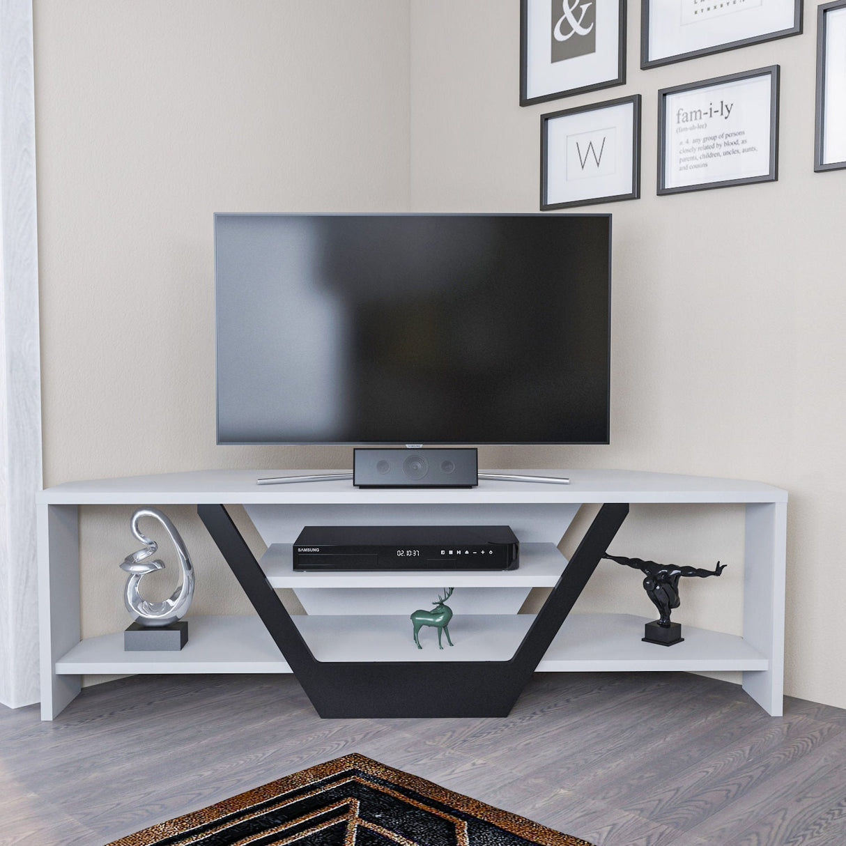 Comodă TV Sares, Diverse culori, 120x35x37 cm - Alb - Negru | SKU: 322RTC2181 | Comodă TV Sares, 120x35x37 cm, varianta Alb - Negru, produs pentru amenajarea locuinței, disponibil online în România la CasaMob