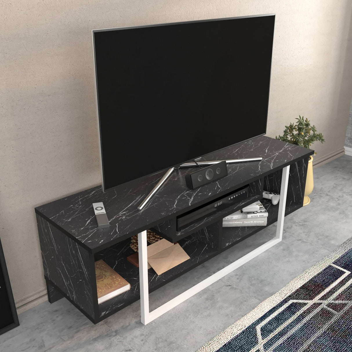 Comodă TV Asal 120, Diverse culori, 120x35x40 cm - Negru - Alb | SKU: 322RTC2188 | Comodă TV Asal 120, 120x35x40 cm, varianta Negru - Alb, produs pentru amenajarea locuinței, disponibil online în România la CasaMob