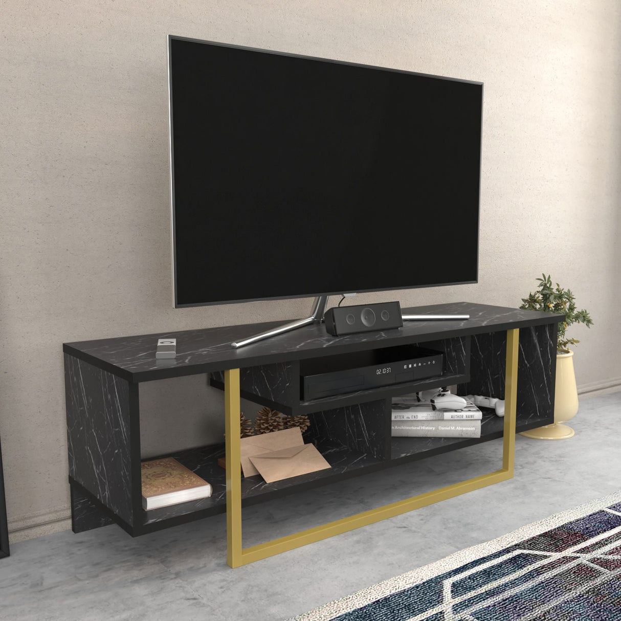 Comodă TV Asal 120, Diverse culori, 120x35x40 cm - Negru - Auriu | SKU: 322RTC2190 | Comodă TV Asal 120, 120x35x40 cm, varianta Negru - Auriu, produs pentru amenajarea locuinței, disponibil online în România la CasaMob