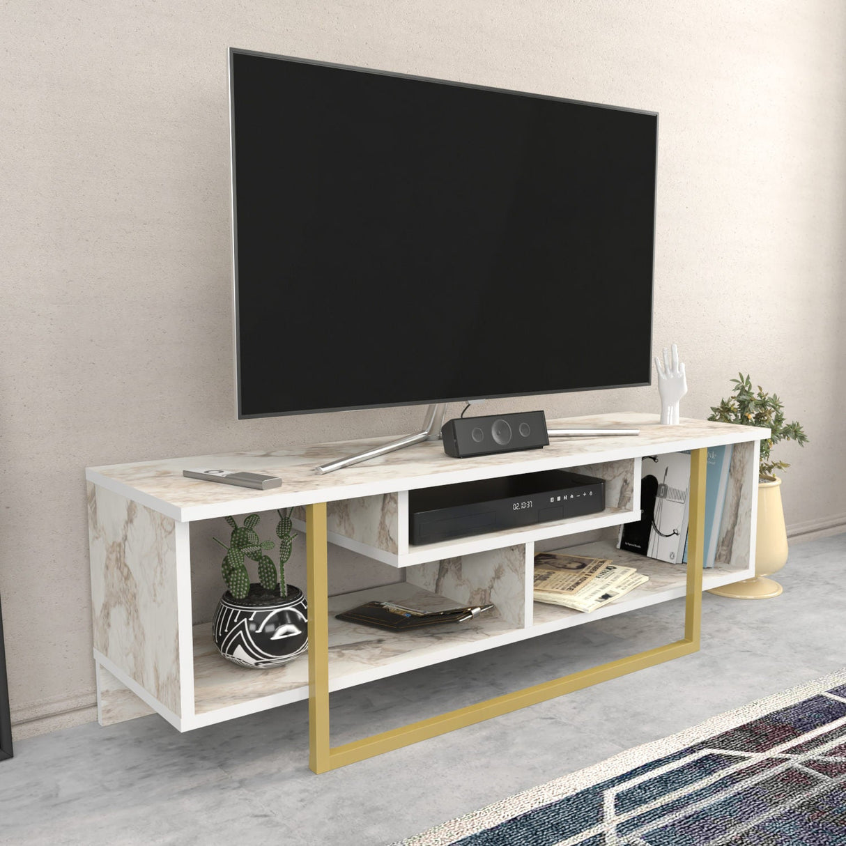 Comodă TV Asal 120 - Ephesus, Diverse culori, 120x35x40 cm - Alb - Auriu | SKU: 322RTC2192 | Comodă TV Asal 120 - Ephesus, 120x35x40 cm, varianta Alb - Auriu, produs pentru amenajarea locuinței, disponibil online în România la CasaMob