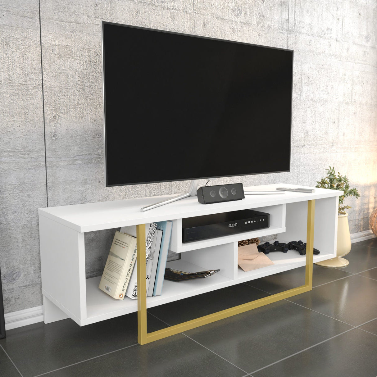 Comodă TV Asal 120, Diverse culori, 120x35x40 cm - Auriu - Alb | SKU: 322RTC2195 | Comodă TV Asal 120, 120x35x40 cm, varianta Auriu - Alb, produs pentru amenajarea locuinței, disponibil online în România la CasaMob