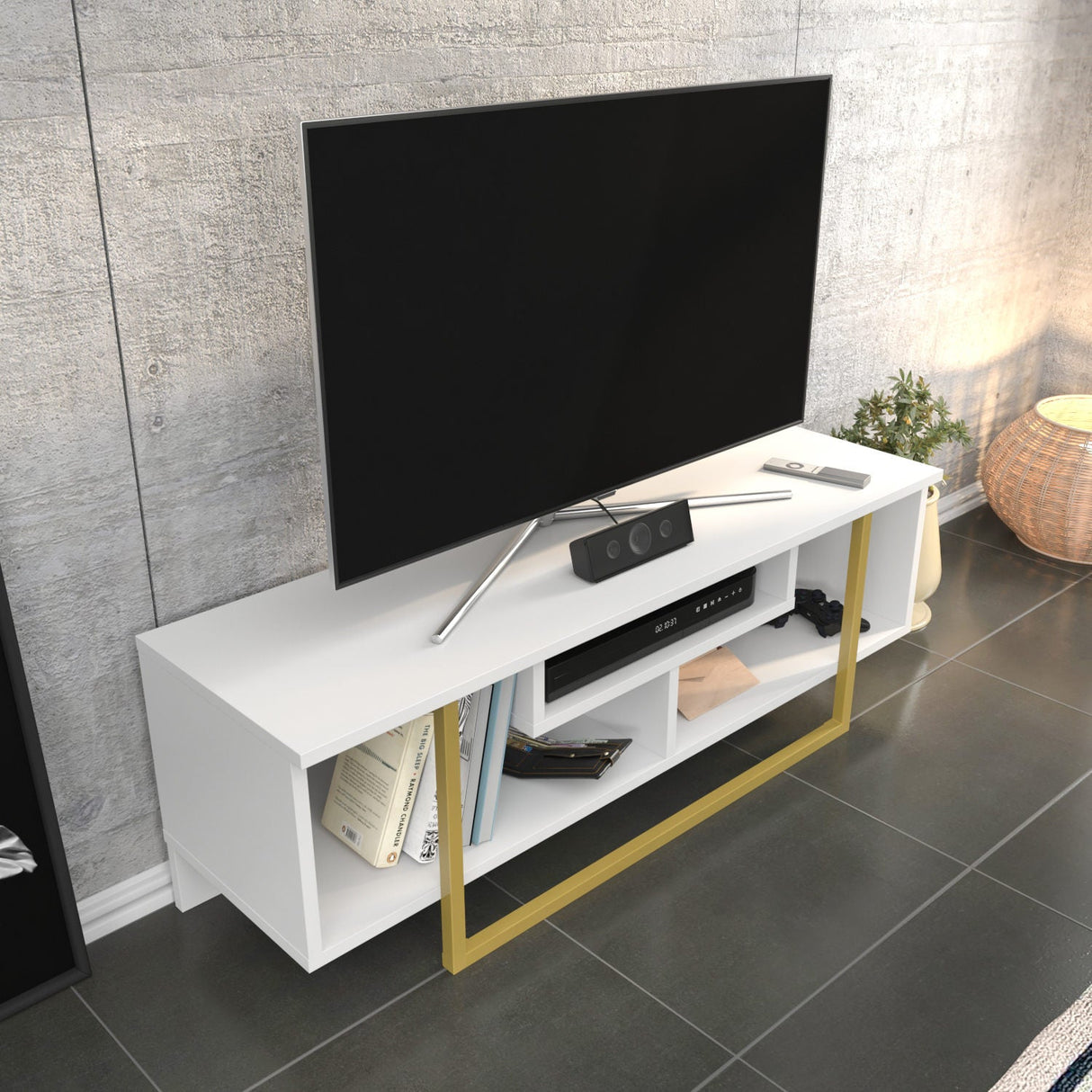 Comodă TV Asal 120, Diverse culori, 120x35x40 cm - Auriu - Alb | SKU: 322RTC2195 | Comodă TV Asal 120, 120x35x40 cm, varianta Auriu - Alb, produs pentru amenajarea locuinței, disponibil online în România la CasaMob