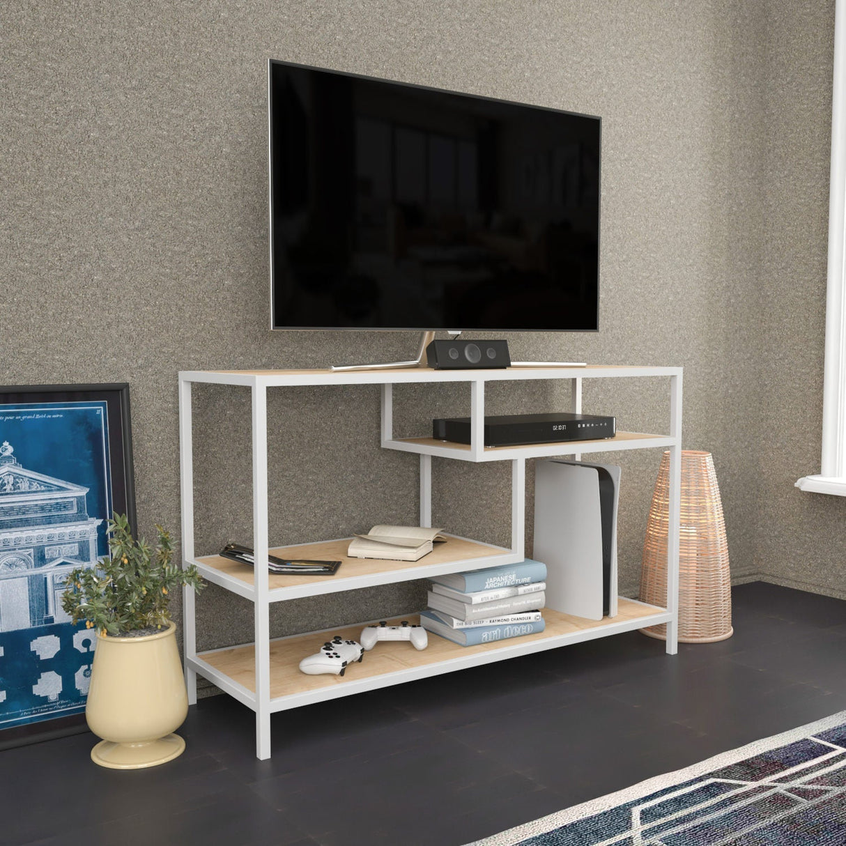 Comodă TV Robbins, Diverse culori, Diverse dimensiuni - Alb - Stejar - 120x39x75 cm | SKU: 322RTC2207 | Comodă TV Robbins, varianta Alb - Stejar - 120x39x75 cm, produs pentru amenajarea locuinței, disponibil online în România la CasaMob