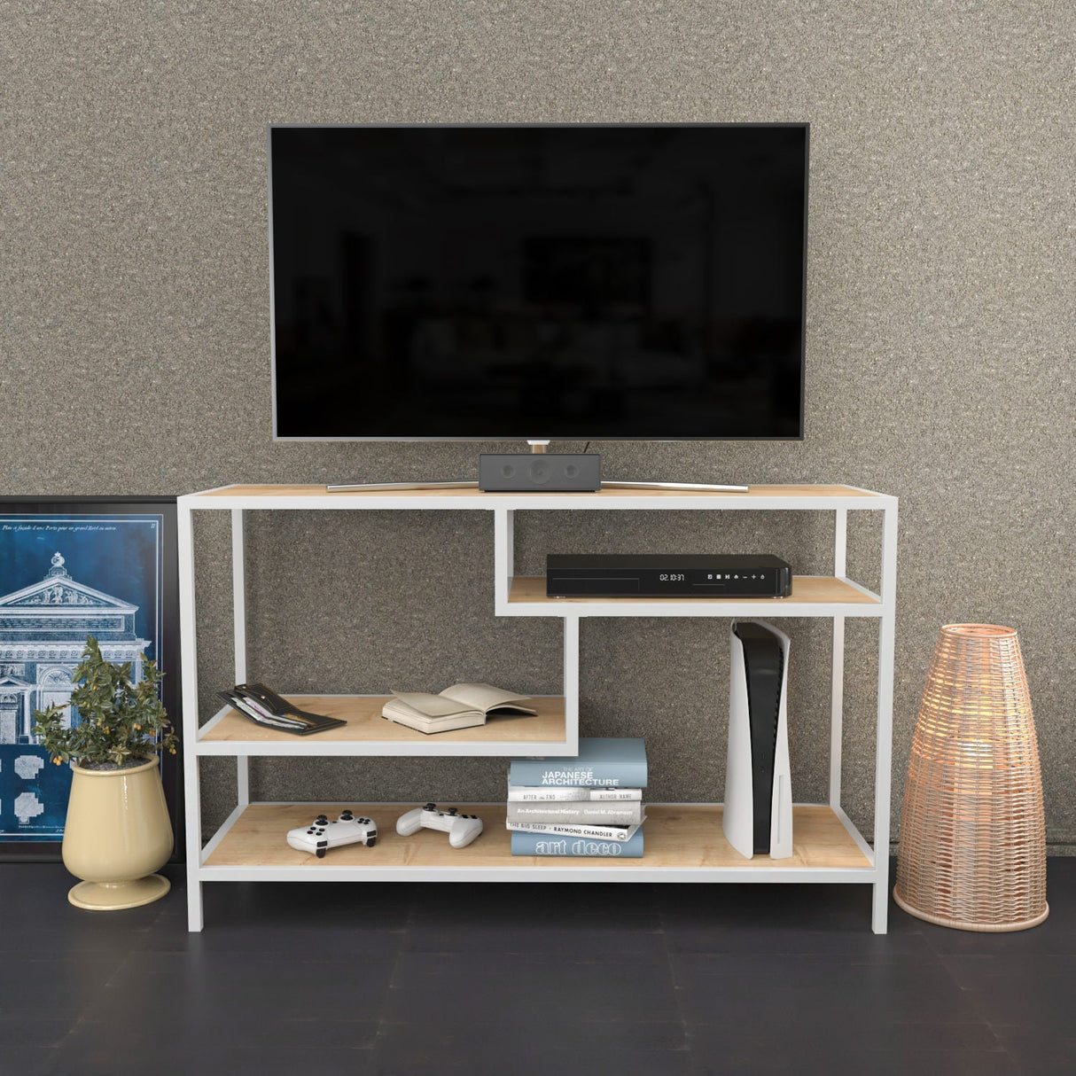 Comodă TV Robbins, Diverse culori, Diverse dimensiuni - Alb - Stejar - 120x39x75 cm | SKU: 322RTC2207 | Comodă TV Robbins, varianta Alb - Stejar - 120x39x75 cm, produs pentru amenajarea locuinței, disponibil online în România la CasaMob
