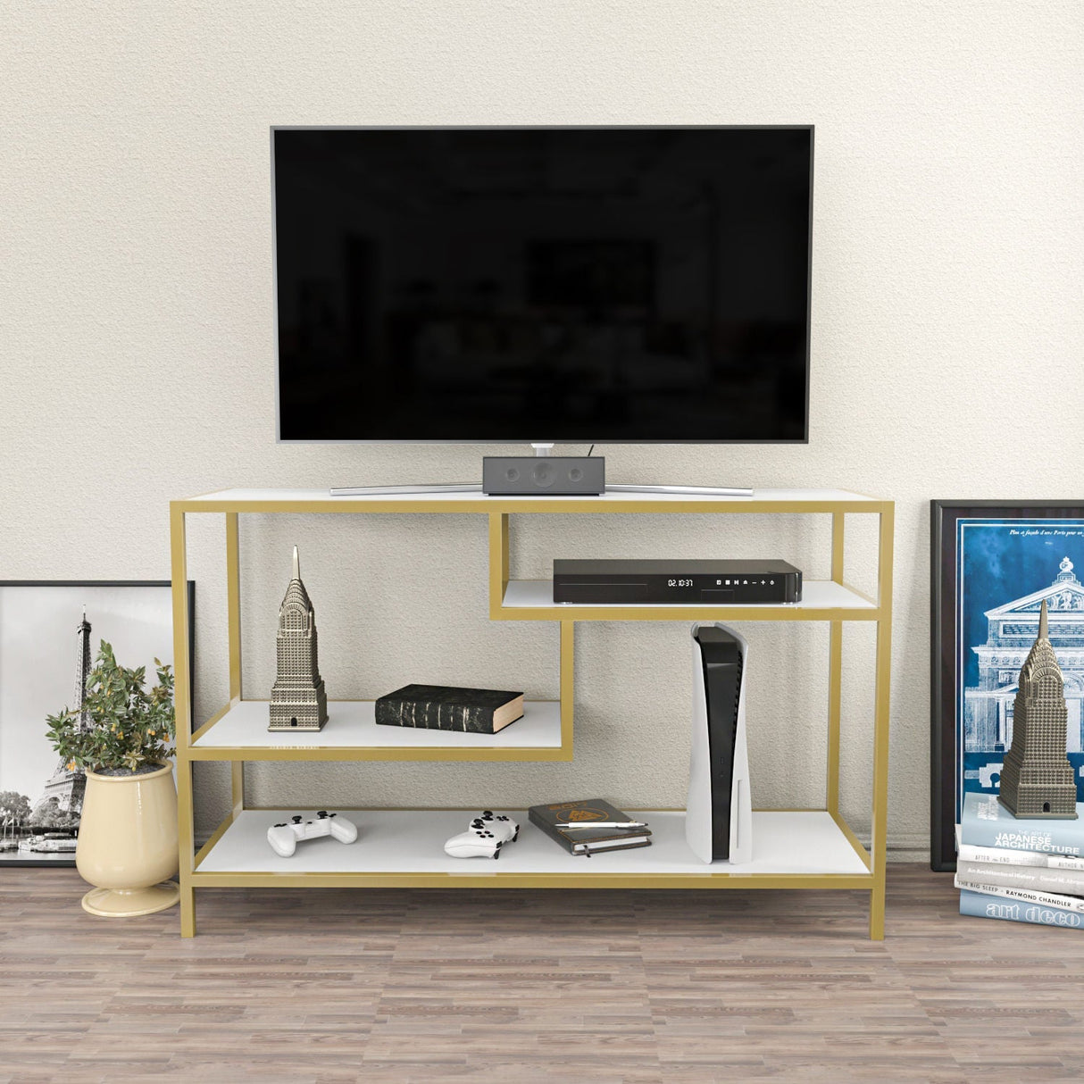 Comodă TV Robbins, Diverse culori, Diverse dimensiuni - Auriu - Alb - 120x39x75 cm | SKU: 322RTC2210 | Comodă TV Robbins, varianta Auriu - Alb - 120x39x75 cm, produs pentru amenajarea locuinței, disponibil online în România la CasaMob