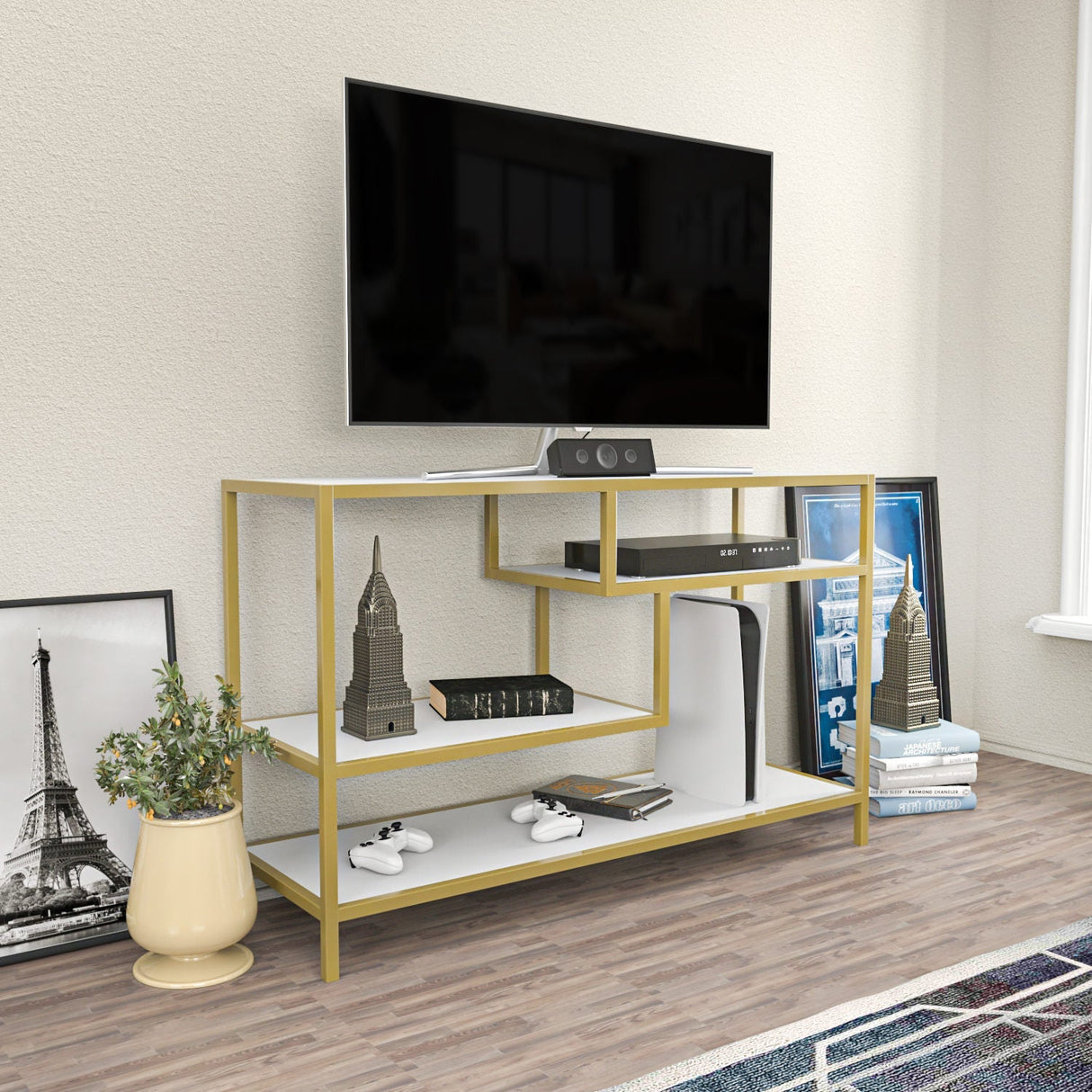 Comodă TV Robbins, Diverse culori, Diverse dimensiuni - Auriu - Alb - 120x39x75 cm | SKU: 322RTC2210 | Comodă TV Robbins, varianta Auriu - Alb - 120x39x75 cm, produs pentru amenajarea locuinței, disponibil online în România la CasaMob