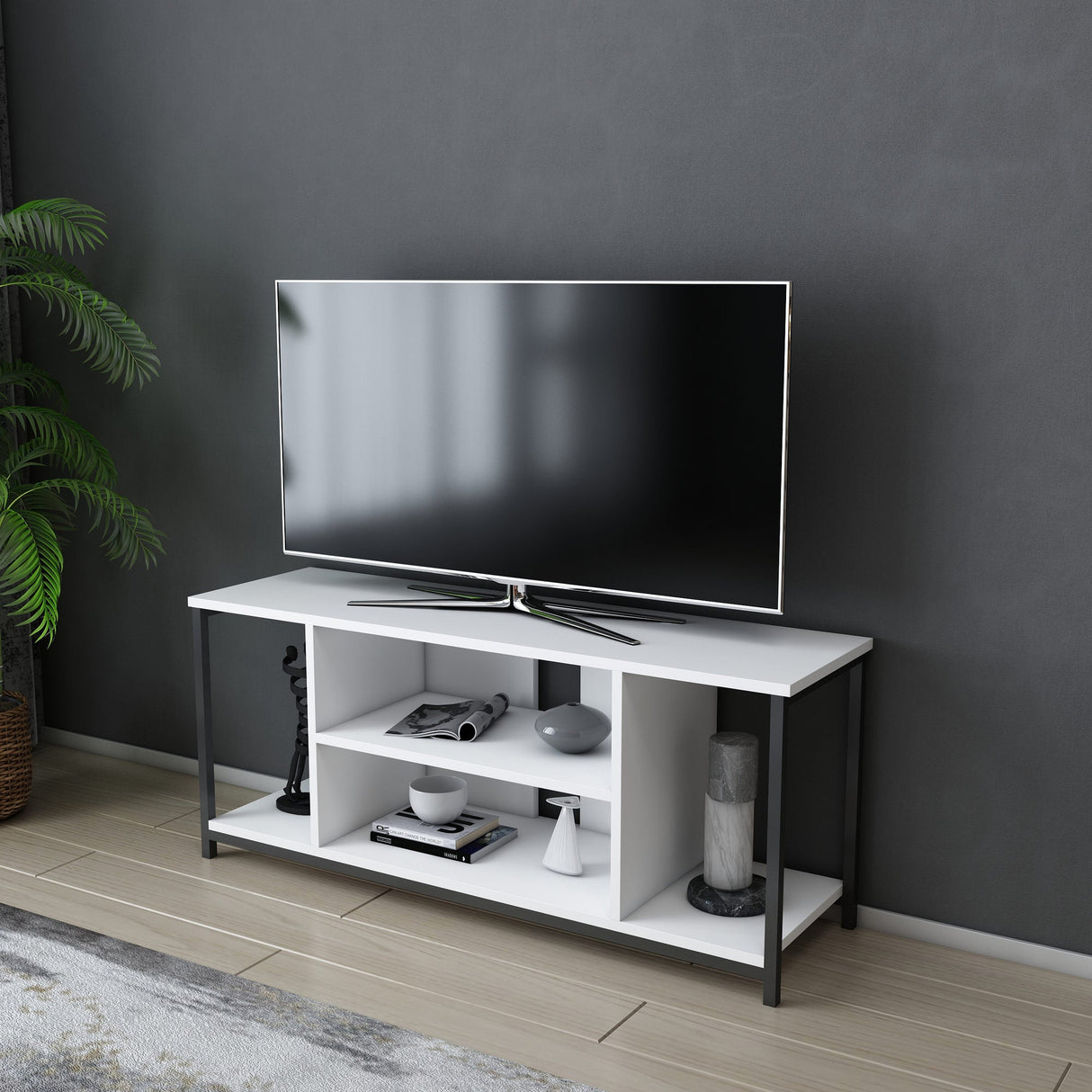 Comodă TV Rinaldo, Diverse culori, 120x35x51 cm - Negru - Alb | SKU: 322RTC2214 | Comodă TV Rinaldo, 120x35x51 cm, varianta Negru - Alb, produs pentru amenajarea locuinței, disponibil online în România la CasaMob