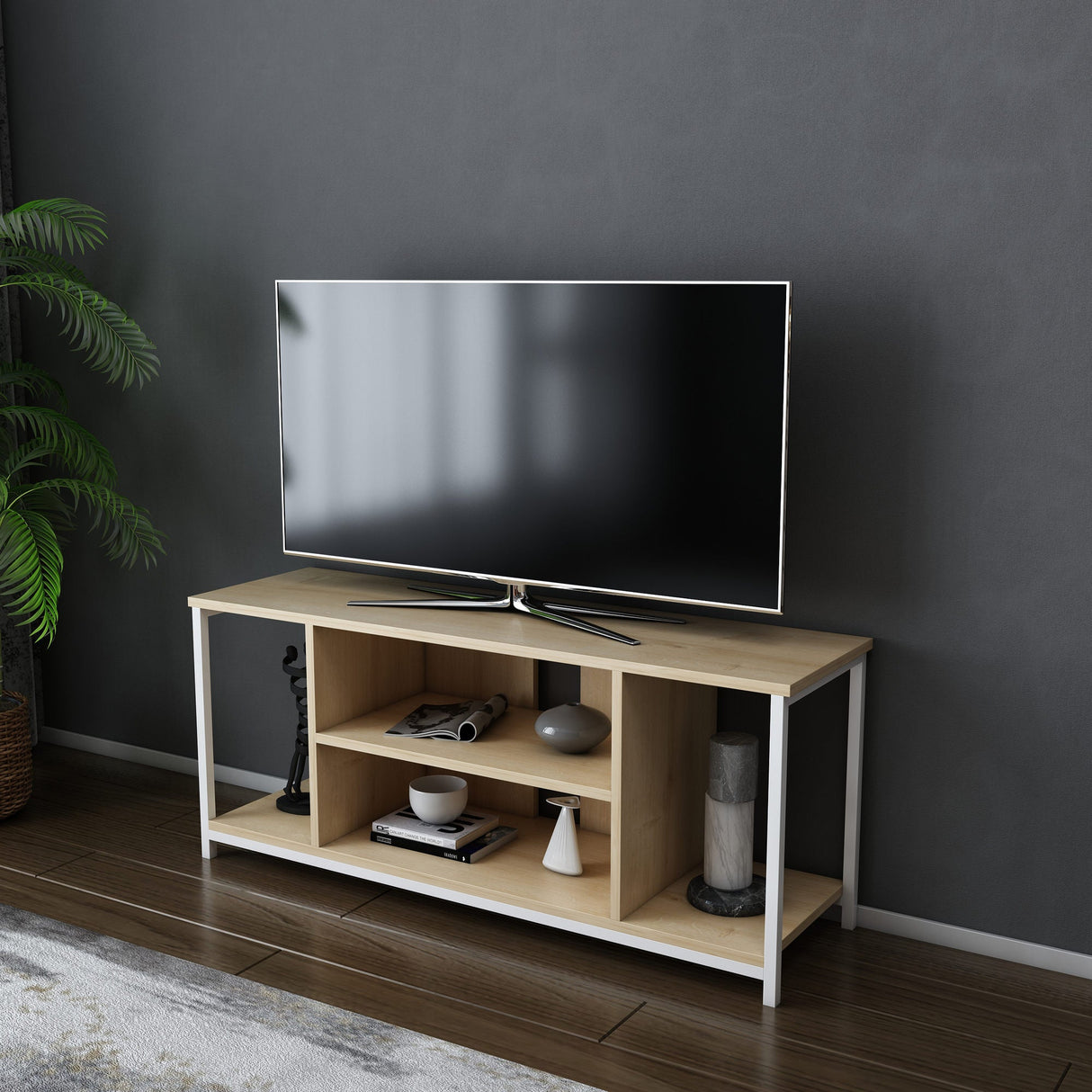 Comodă TV Rinaldo, Diverse culori, 120x35x51 cm - Alb - Stejar | SKU: 322RTC2219 | Comodă TV Rinaldo, 120x35x51 cm, varianta Alb - Stejar, produs pentru amenajarea locuinței, disponibil online în România la CasaMob