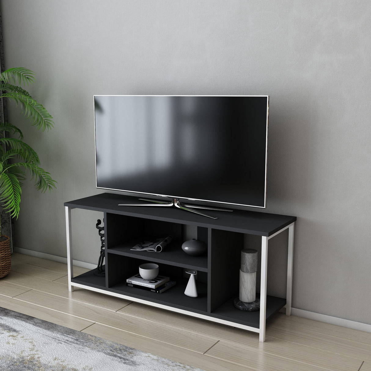 Comodă TV Rinaldo, Diverse culori, 120x35x51 cm - Alb - Antracit | SKU: 322RTC2220 | Comodă TV Rinaldo, 120x35x51 cm, varianta Alb - Antracit, produs pentru amenajarea locuinței, disponibil online în România la CasaMob