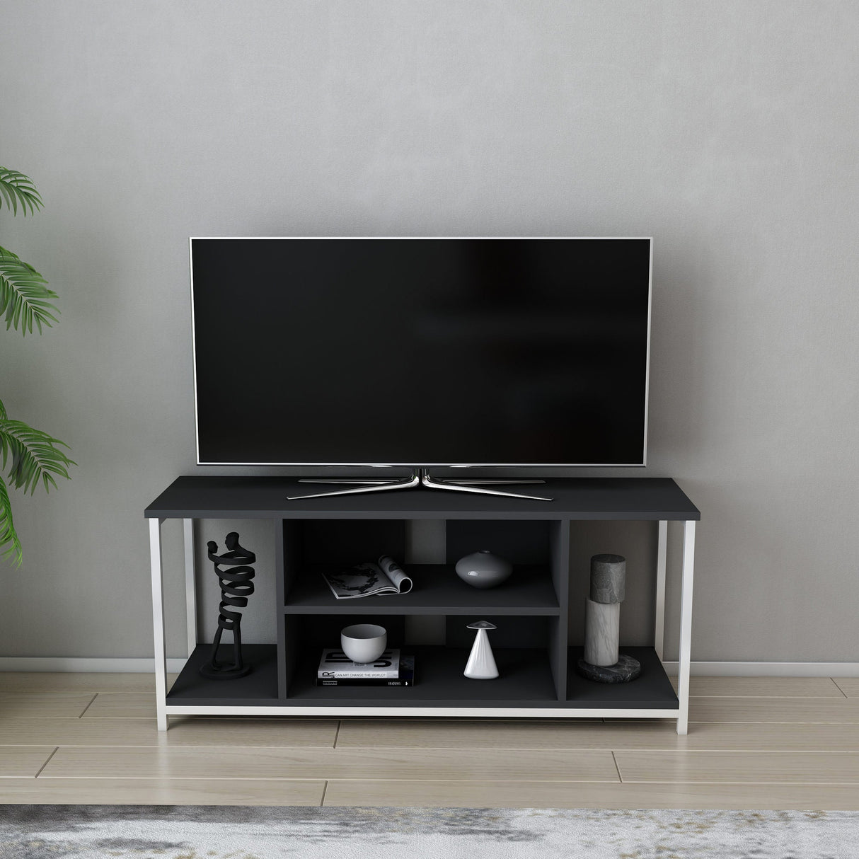 Comodă TV Rinaldo, Diverse culori, 120x35x51 cm - Alb - Antracit | SKU: 322RTC2220 | Comodă TV Rinaldo, 120x35x51 cm, varianta Alb - Antracit, produs pentru amenajarea locuinței, disponibil online în România la CasaMob