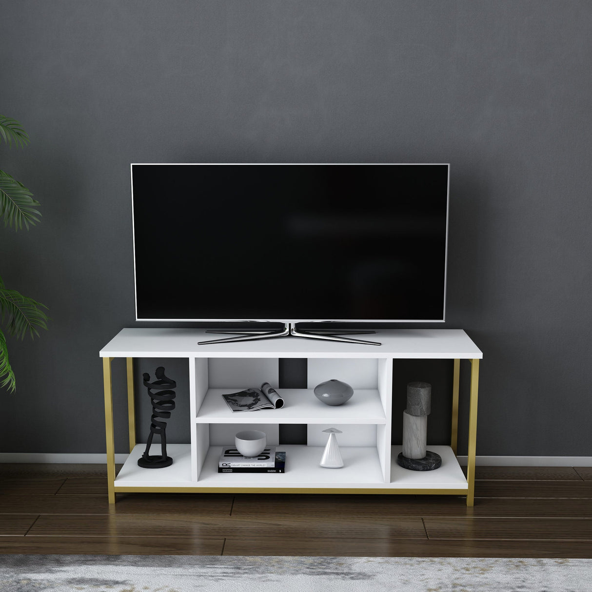 Comodă TV Rinaldo, Diverse culori, 120x35x51 cm - Alb - Auriu | SKU: 322RTC2222 | Comodă TV Rinaldo, 120x35x51 cm, varianta Alb - Auriu, produs pentru amenajarea locuinței, disponibil online în România la CasaMob