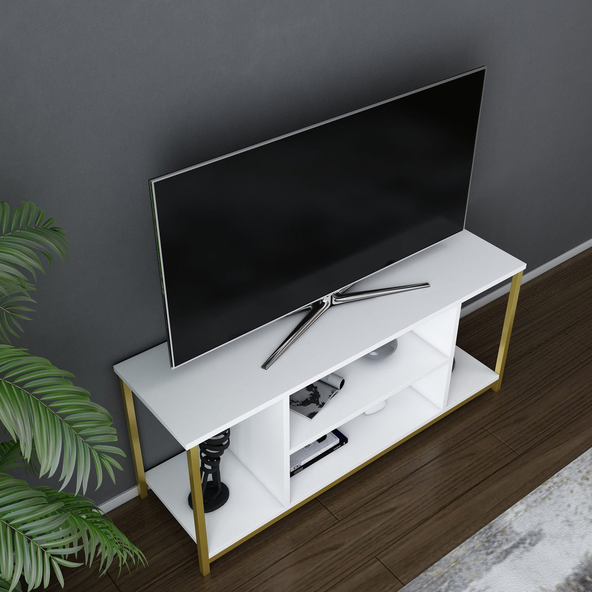Comodă TV Rinaldo, Diverse culori, 120x35x51 cm - Alb - Auriu | SKU: 322RTC2222 | Comodă TV Rinaldo, 120x35x51 cm, varianta Alb - Auriu, produs pentru amenajarea locuinței, disponibil online în România la CasaMob