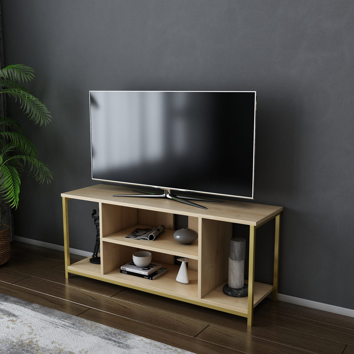 Comodă TV Rinaldo, Diverse culori, 120x35x51 cm - Auriu - Stejar | SKU: 322RTC2223 | Comodă TV Rinaldo, 120x35x51 cm, varianta Auriu - Stejar, produs pentru amenajarea locuinței, disponibil online în România la CasaMob